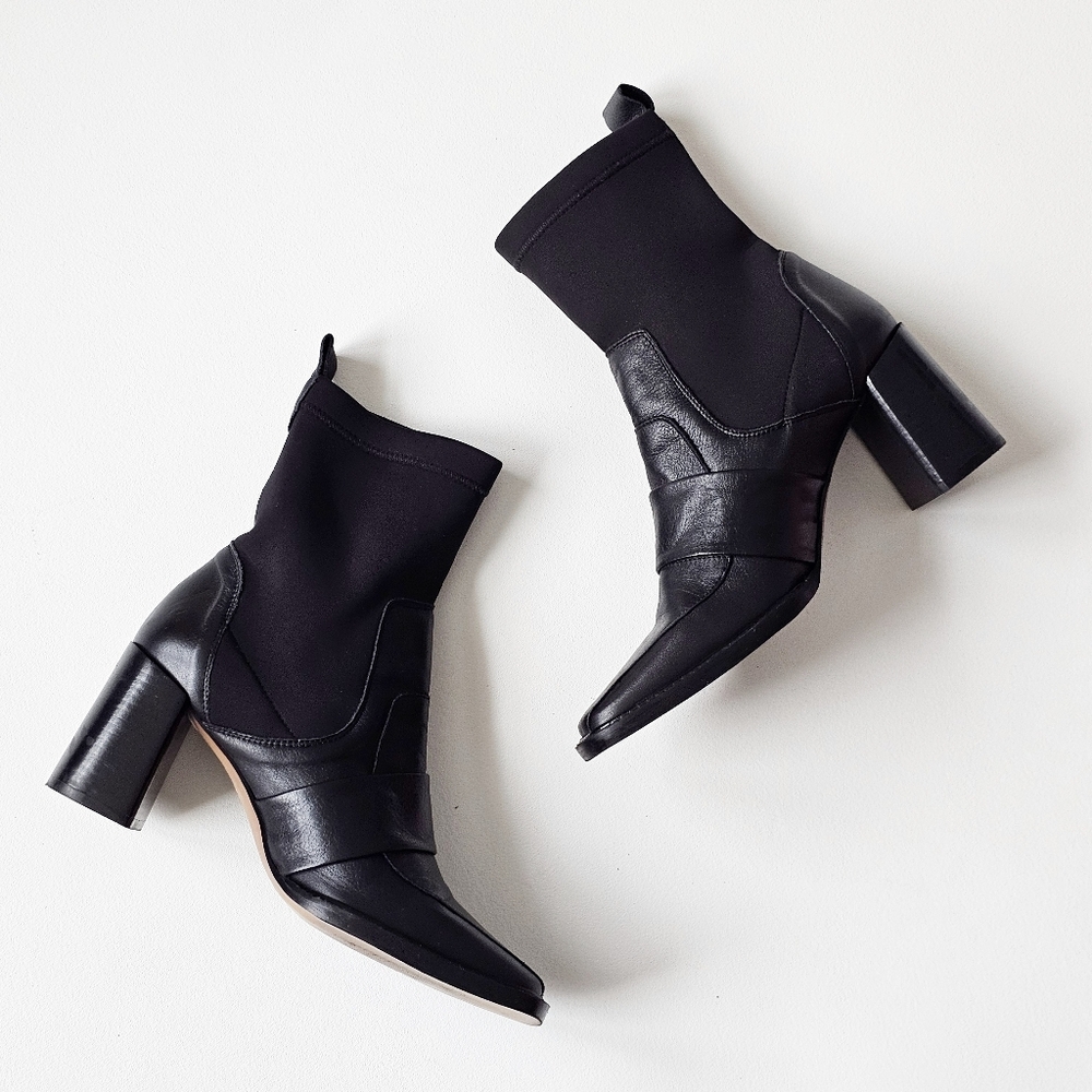 ASOS Black Leather Ankle Sock Boots Square Toe Block Heel Spain Made UK 7 US 9 - Picture 3 of 13